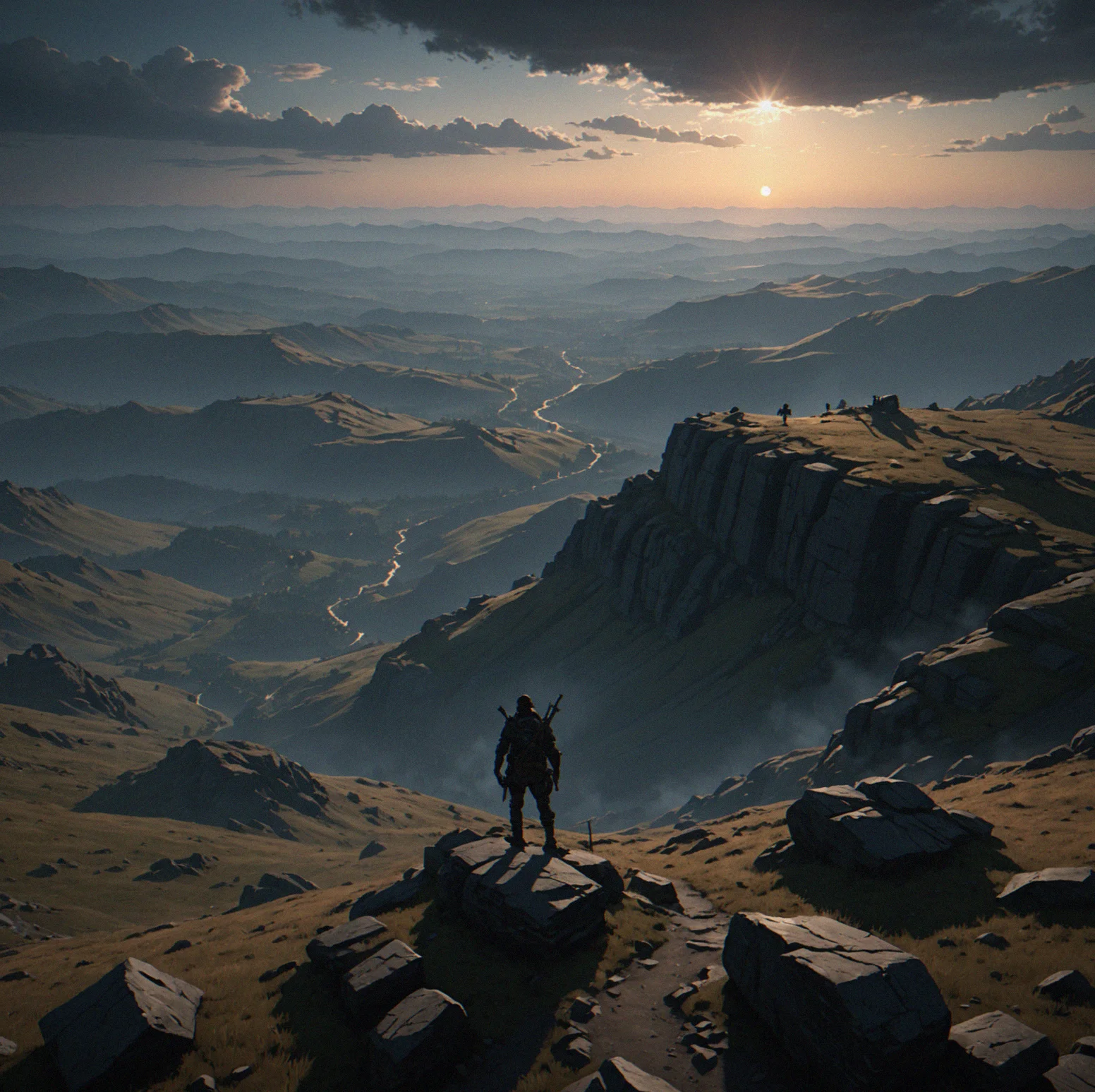 Night-time ridge sector with cloud passing overhead, casting shadows across the terrain and reducing visible guard sightline distance