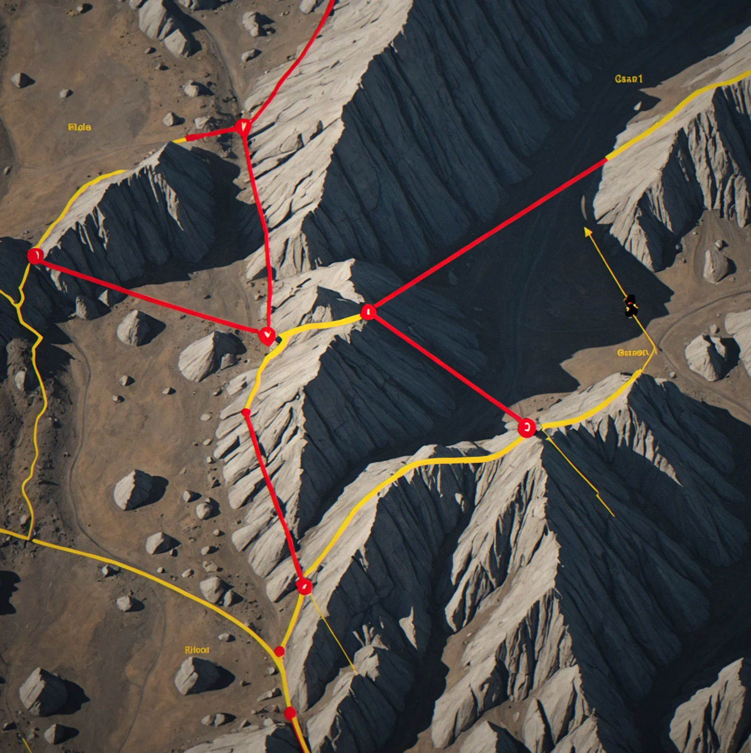 Overhead view of Early Ridge sector 1-A with three guard patrol routes marked in red, overlapping yellow sightline cones from each guard, rocky terrain, and two extraction points on the north slope