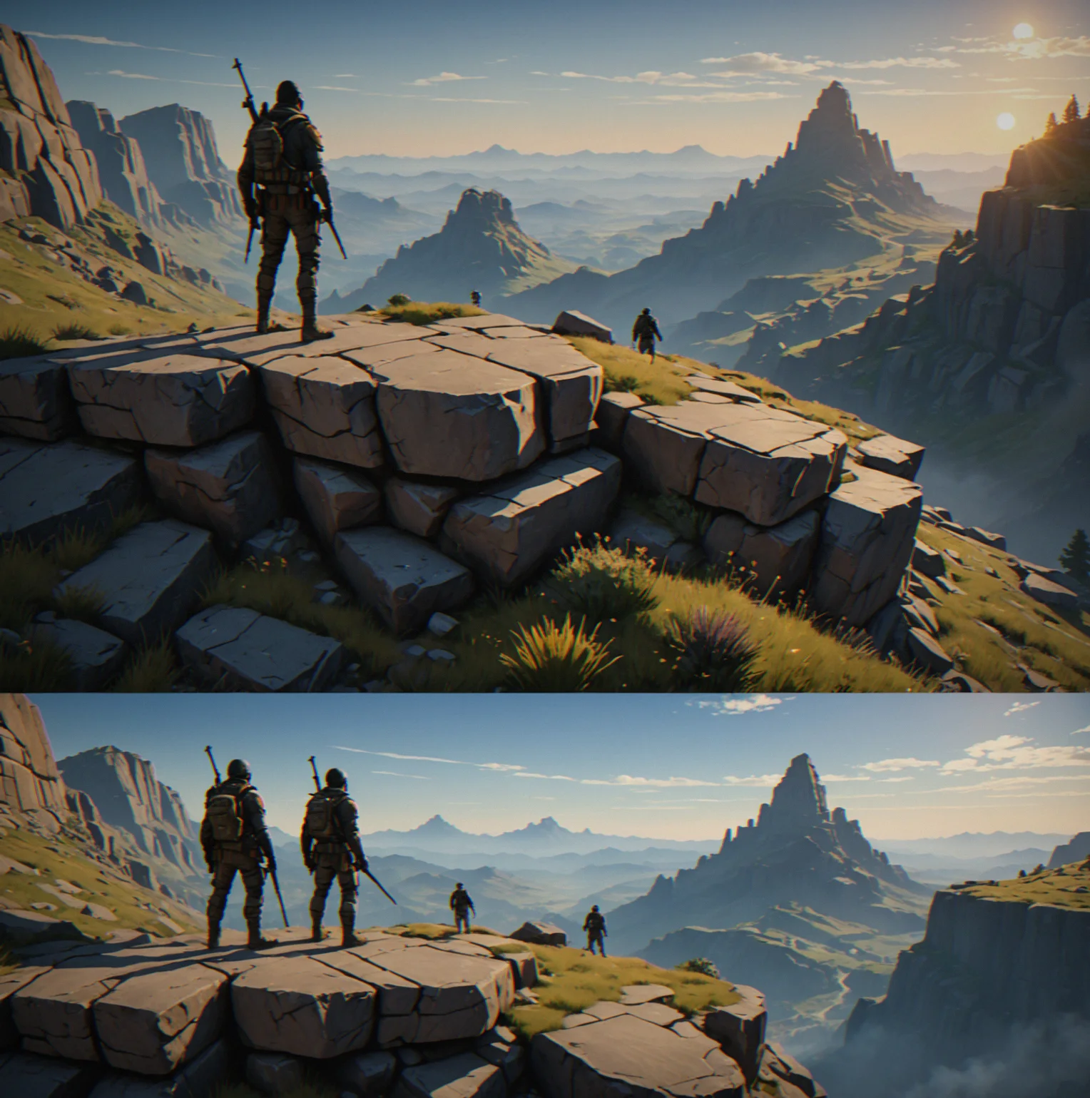 Cross-section showing how a guard's sightline changes angle and reach based on height difference, with player positions at three elevations demonstrating the difference between being in their peripheral vision versus fully exposed