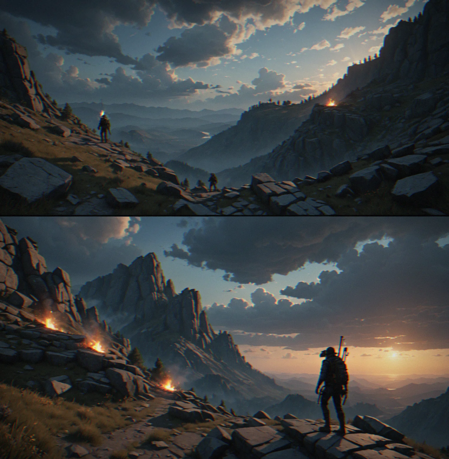 Split-screen of the same ridge sector showing daylight visibility on one side and night-time sight distance on the other, with clouds moving through and torches creating dynamic windows you can slip through