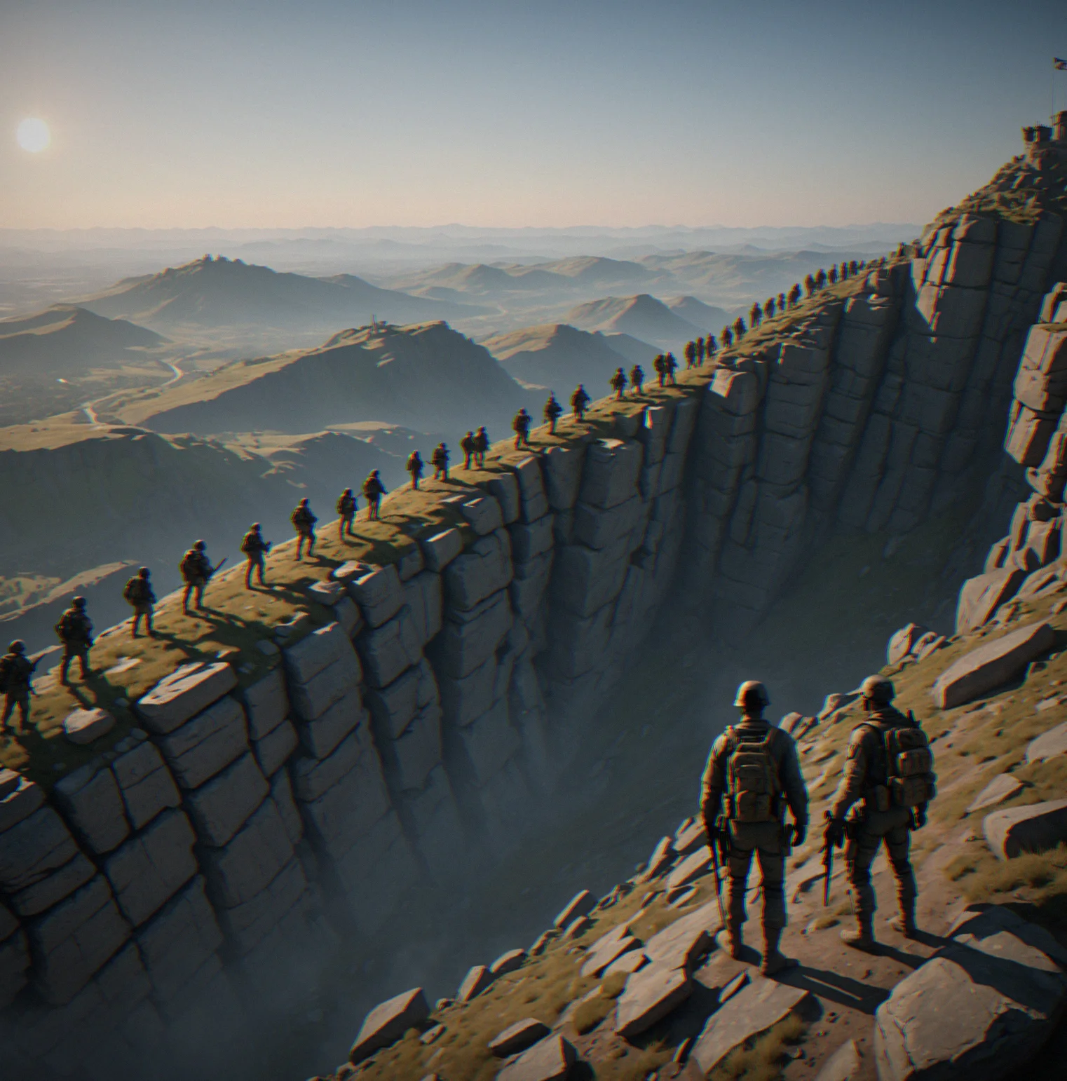 Side view of a ridge sector showing how guards at different heights see different things. Higher position equals wider view and longer sight distance.