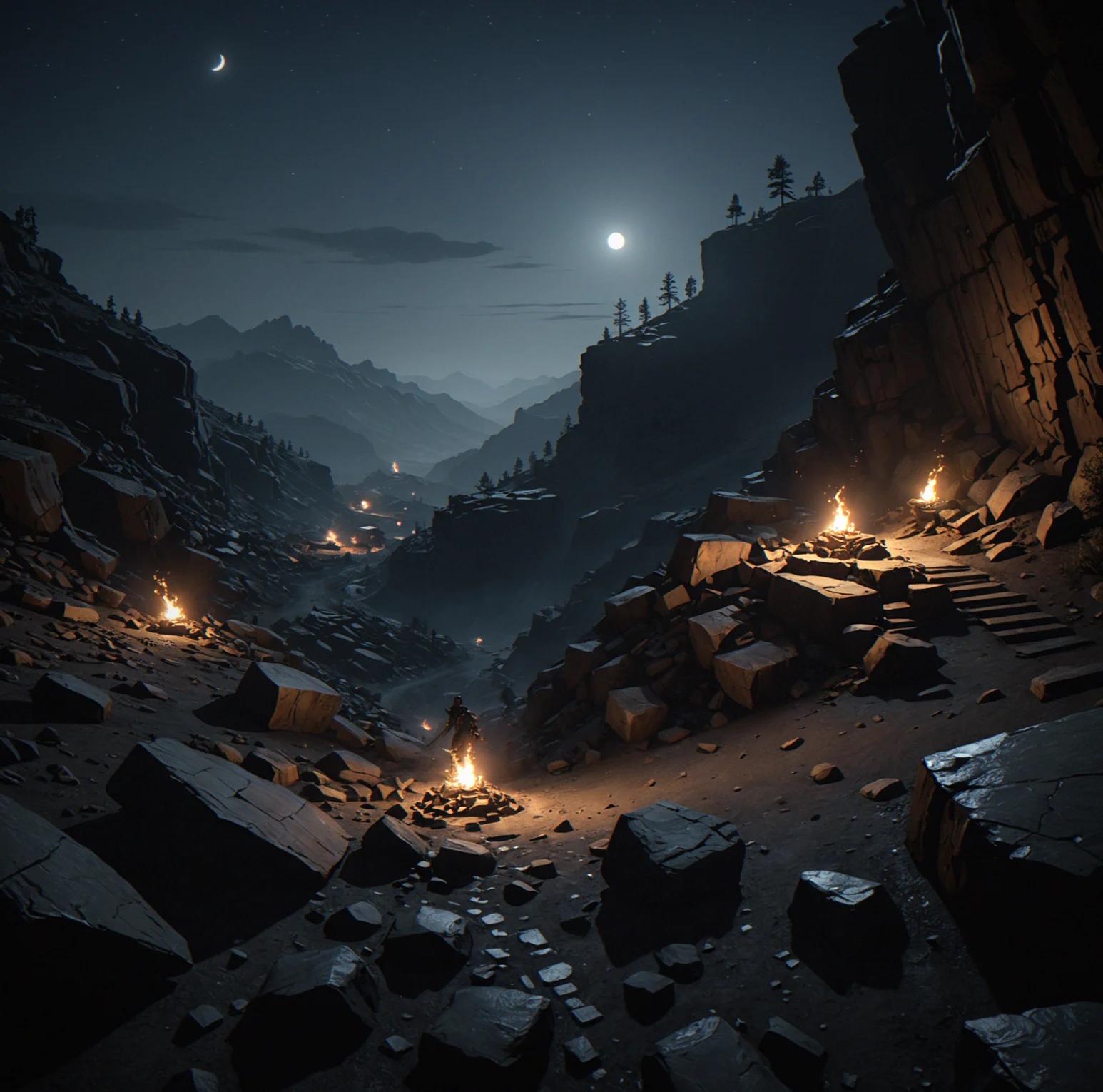 Mid-Slope sector 2-B at night. Torches create dark shadows across the ground, and the way they rotate opens up brief windows where you can move between the lit and dark areas.