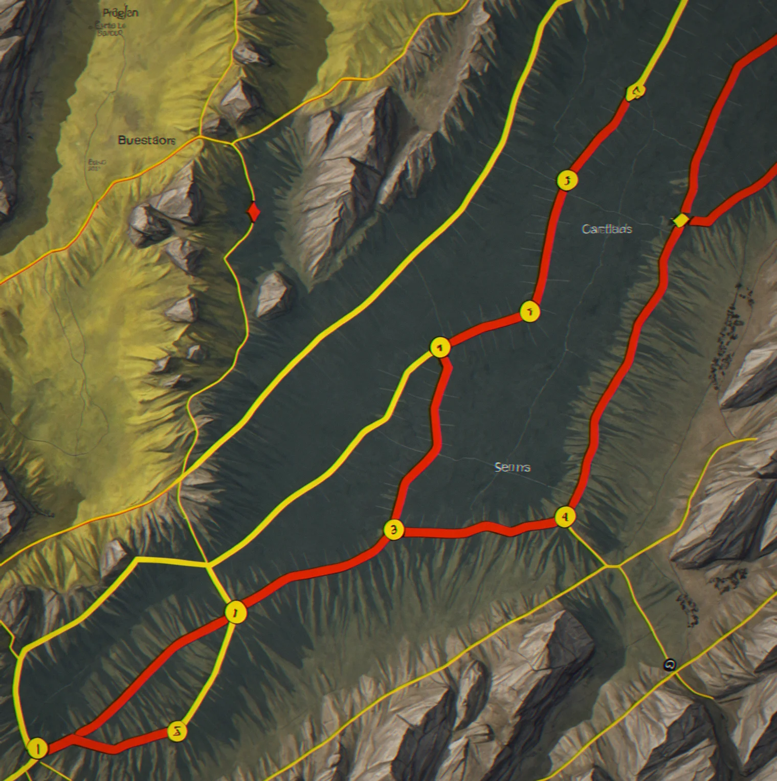 Overhead tactical map of Early Ridge sector 1-A. Three guard patrol routes in red, overlapping yellow sightline cones, ridge elevation contours in brown, two extraction points marked on the northern ridge face.
