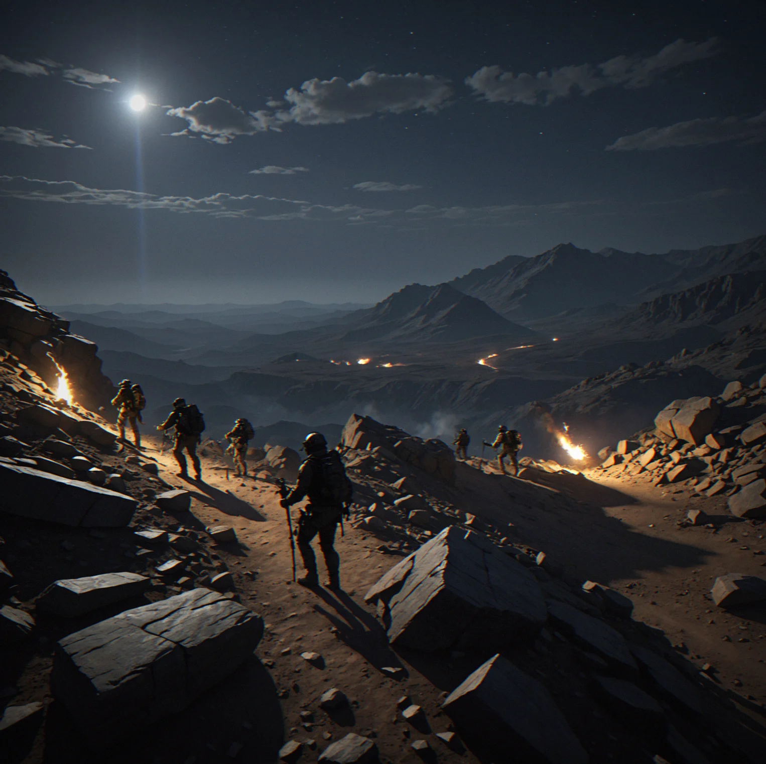 Mid-Slope sector at night. Active torch positions cast hard-edged shadows across rocky terrain. Torches rotate every 45 seconds, and cloud cover cuts sight distance down in the shadow zones.