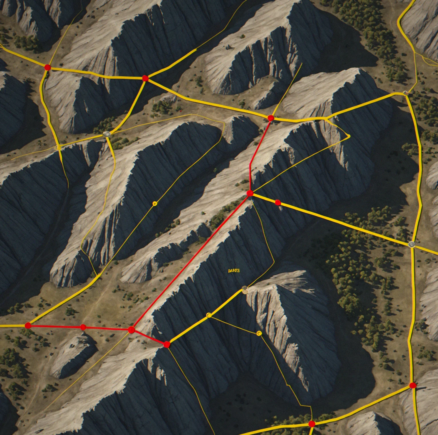 Overhead tactical view of a ridge sector showing elevation contours, three guard patrol routes marked in red, overlapping sightline cones in yellow, and two marked extraction points
