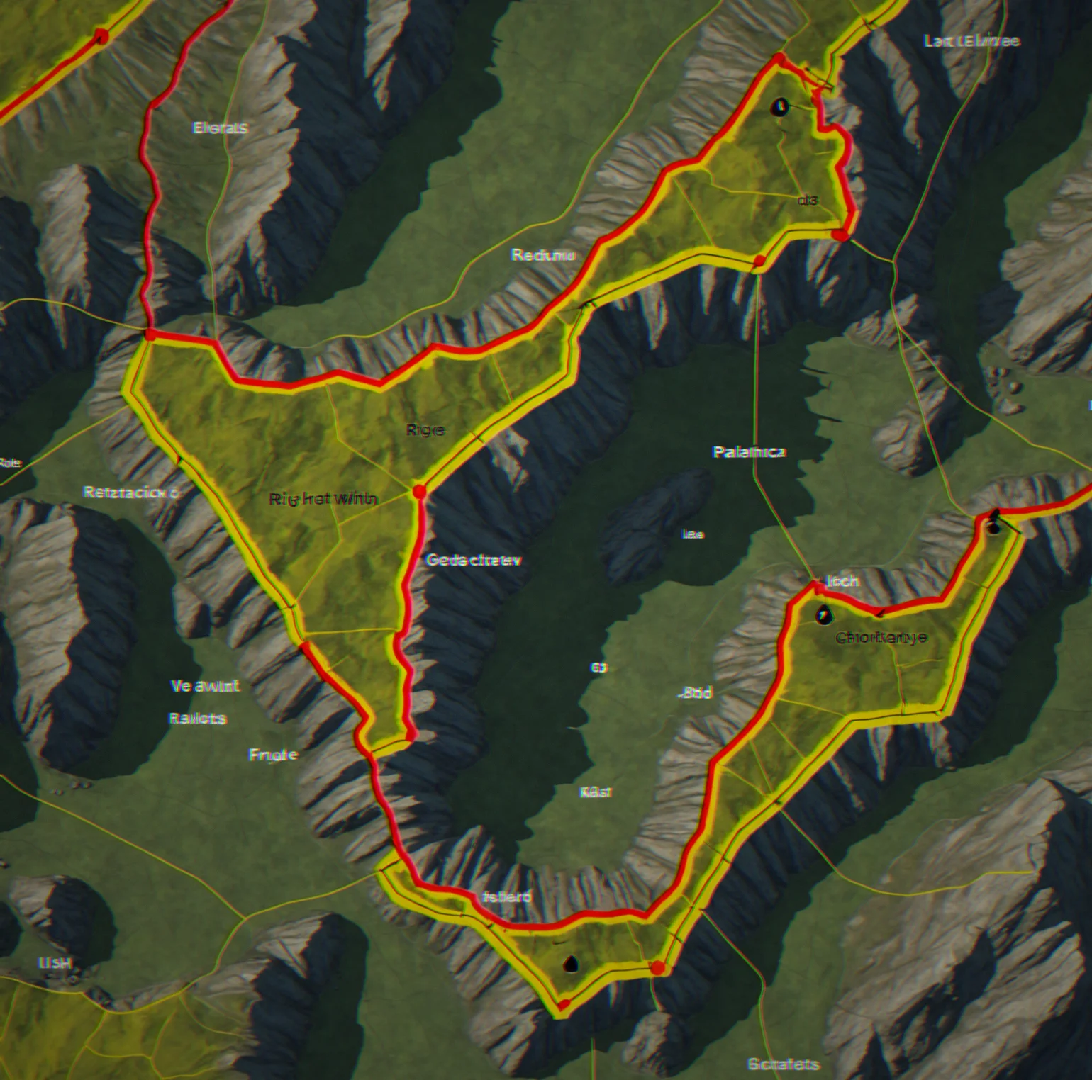 Tactical overhead map of a ridge sector displaying elevation contours, guard patrol routes marked in red, overlapping sightlien cones in yellow, and two extraction points