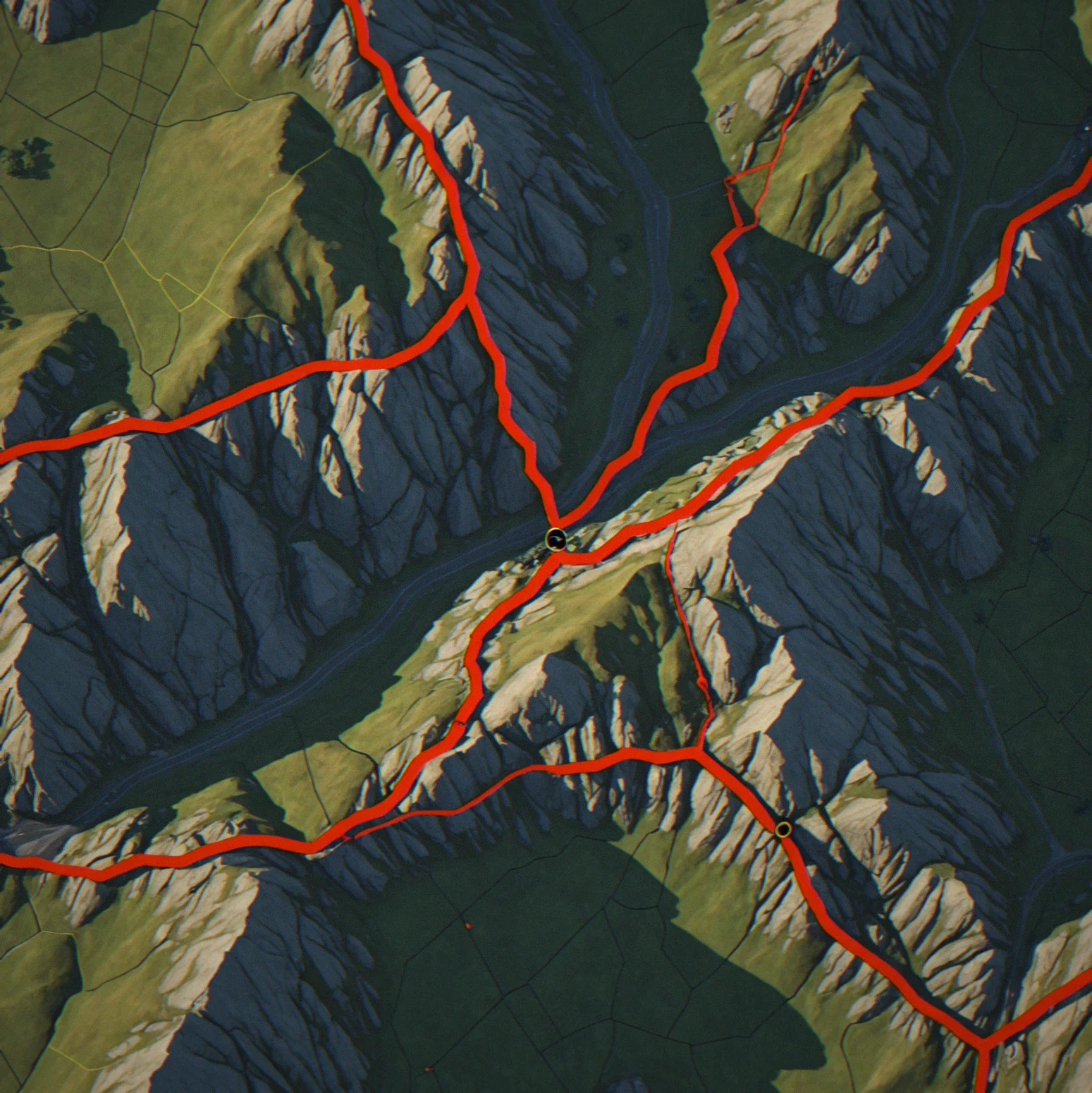 Top-down view of a ridge sector showing guard routes in red, terrain elevation and three overlapping sightline zones