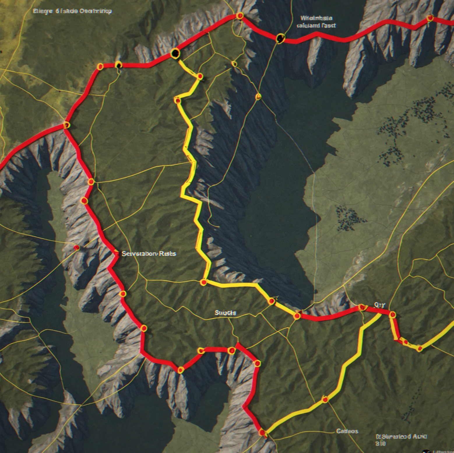 Overhead tactical map of a ridge sector showing elevation contours, guard patrol routes in red, overlapping sightline cones in yellow, and extraction points marked